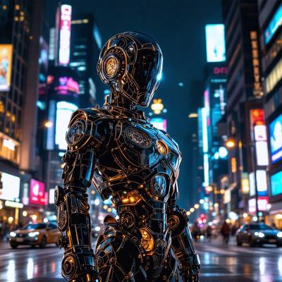 The primary subject of the image is a futuristic robot, which is the main object, scene, or focus of the image. The robot is standing in a city street at night, surrounded by tall buildings and illuminated by streetlights. The setting/background features a cityscape with a busy street, and the visual style is a combination of photo and digital art. The colors and mood of the image are dark and mysterious, with the robot's metallic appearance contrasting against the urban environment.